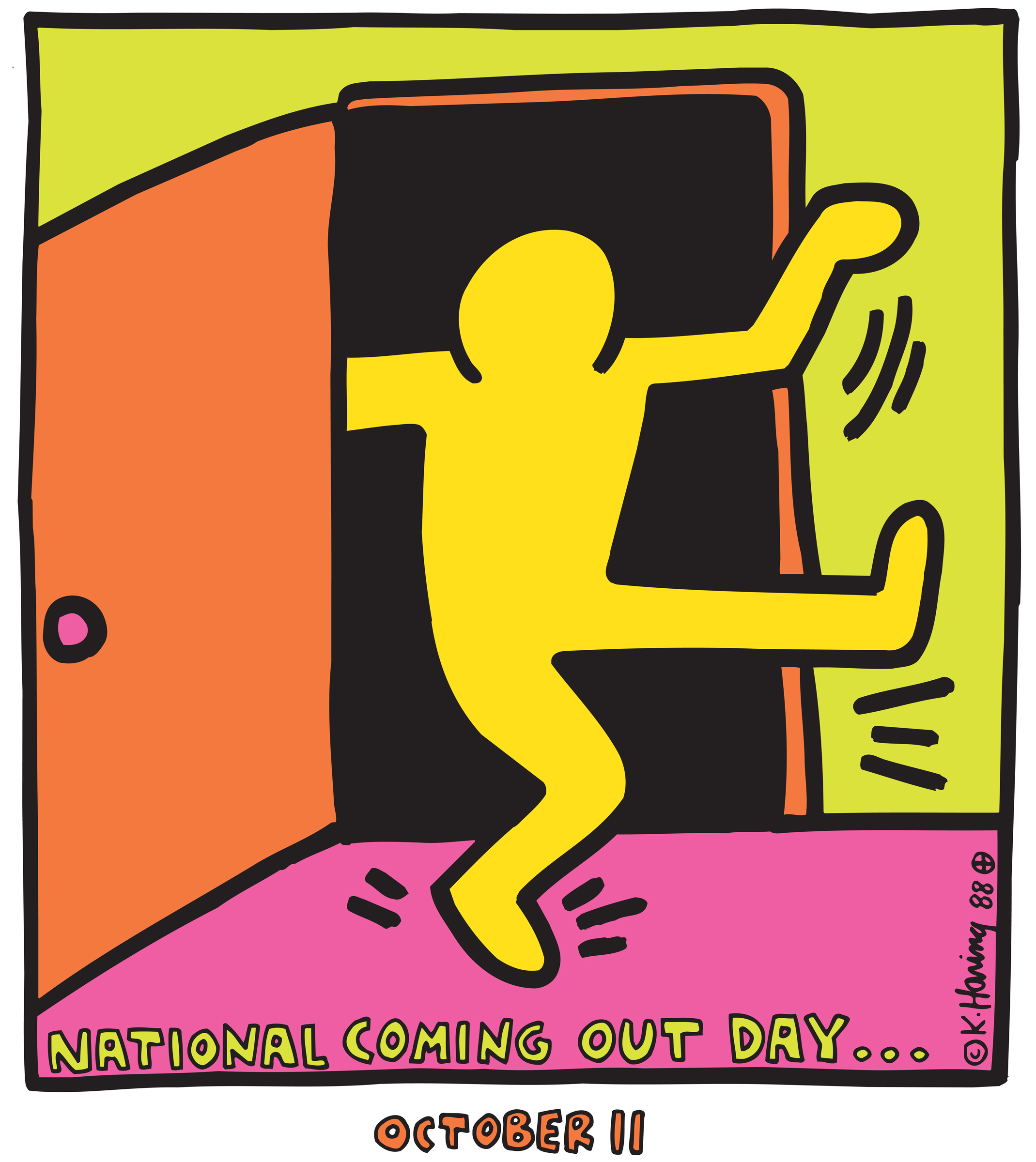 Logo Međunarodnog dana coming outa, kojeg je dizajnirao umjetnik Keith Harring, a koji se obilježava svakog 11. oktobra