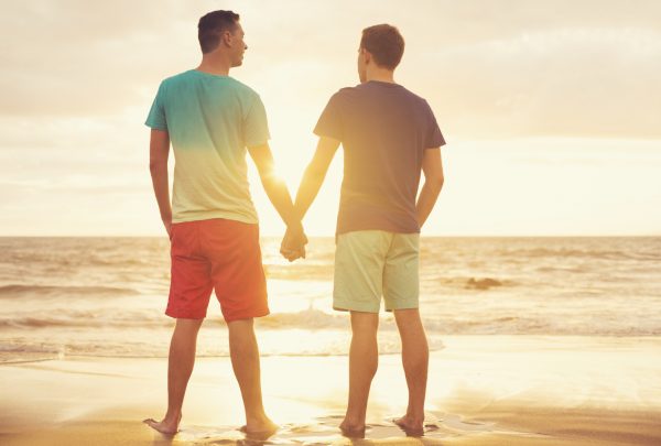 Happy gay couple watching sunset on the beach
