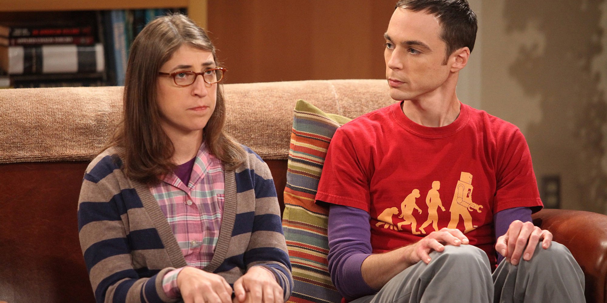 LOS ANGELES - AUGUST 23: "The Zazzy Substitution" -- The guys are concerned as Sheldon (Jim Parsons, right) searches for an alternative to human companionship with Amy Farrah Fowler (Mayim Bialik, left), on THE BIG BANG THEORY, Thursday, Oct. 7 (8:00-8:31 PM, ET/PT) on the CBS Television Network.(Photo by Richard Cartwright/CBS via Getty Images)